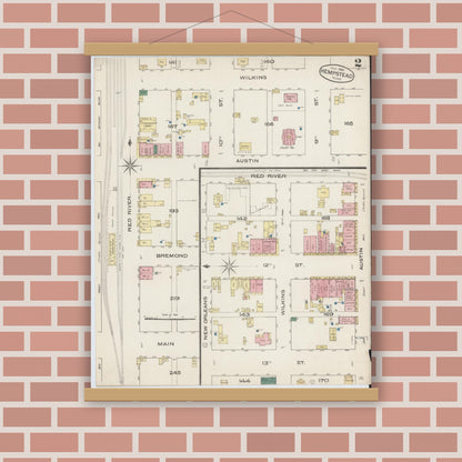 Old map wall art mockup — magnetic wood frame on brick wall — Sanborn Fire Insurance Map from Hempstead, Waller County, Texas (1885), Sheet #0002