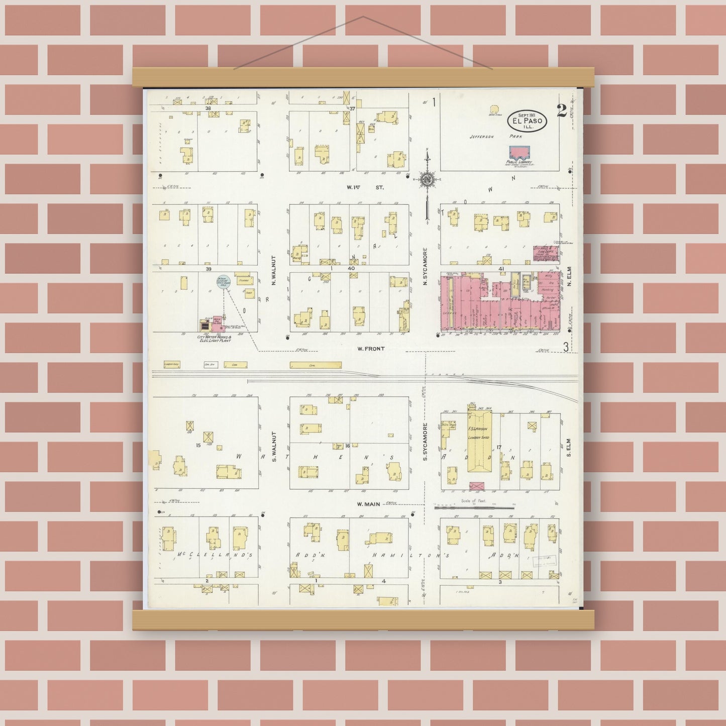 Old map wall art mockup — magnetic wood frame on brick wall — Sanborn Fire Insurance Map from El Paso, Woodford County, Illinois (1911), Sheet #0002