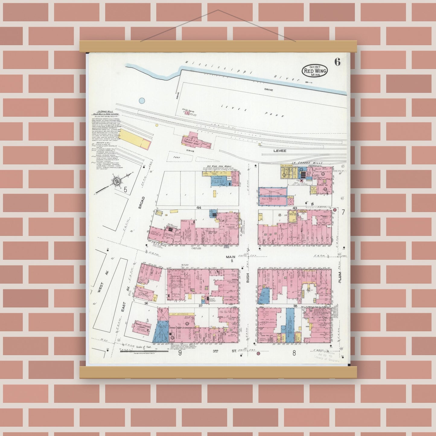 Old map wall art mockup — magnetic wood frame on brick wall — Sanborn Fire Insurance Map from Red Wing, Goodhue County, Minnesota (1917), Sheet #0006