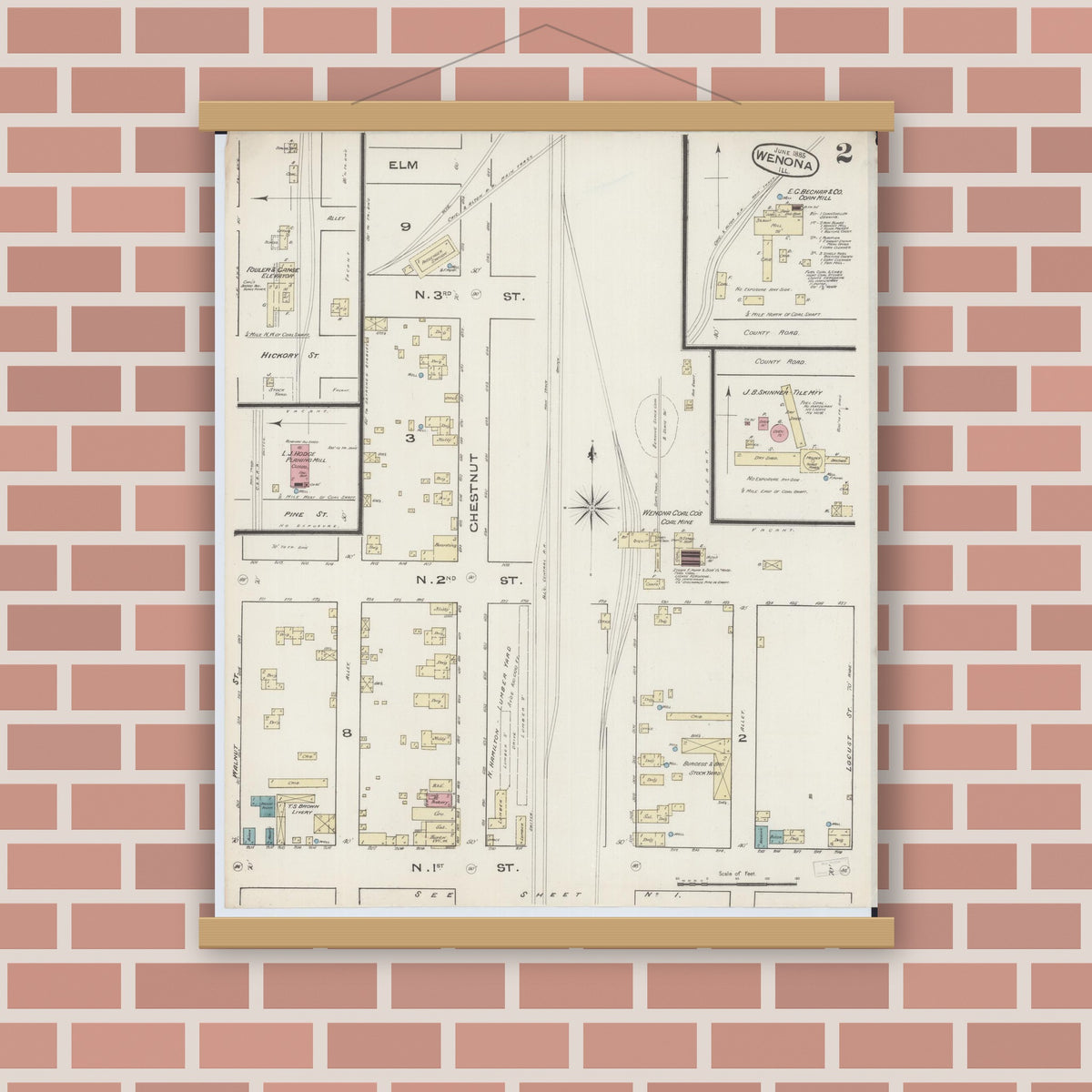 Old map wall art mockup — magnetic wood frame on brick wall — Sanborn Fire Insurance Map from Wenona, Marshall County, Illinois (1885), Sheet #0002