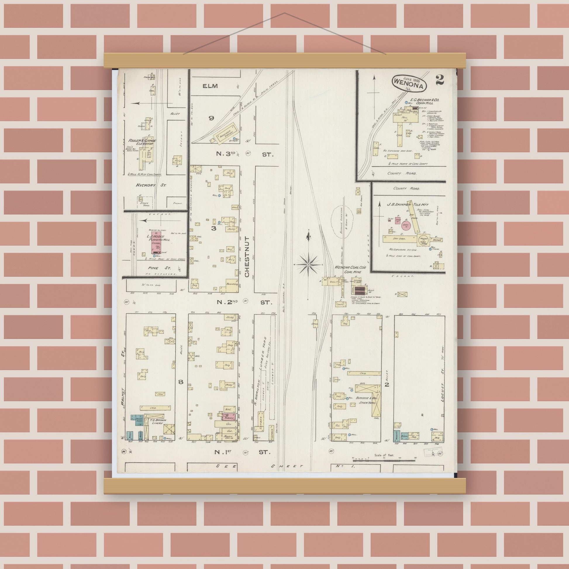 Old map wall art mockup — magnetic wood frame on brick wall — Sanborn Fire Insurance Map from Wenona, Marshall County, Illinois (1885), Sheet #0002