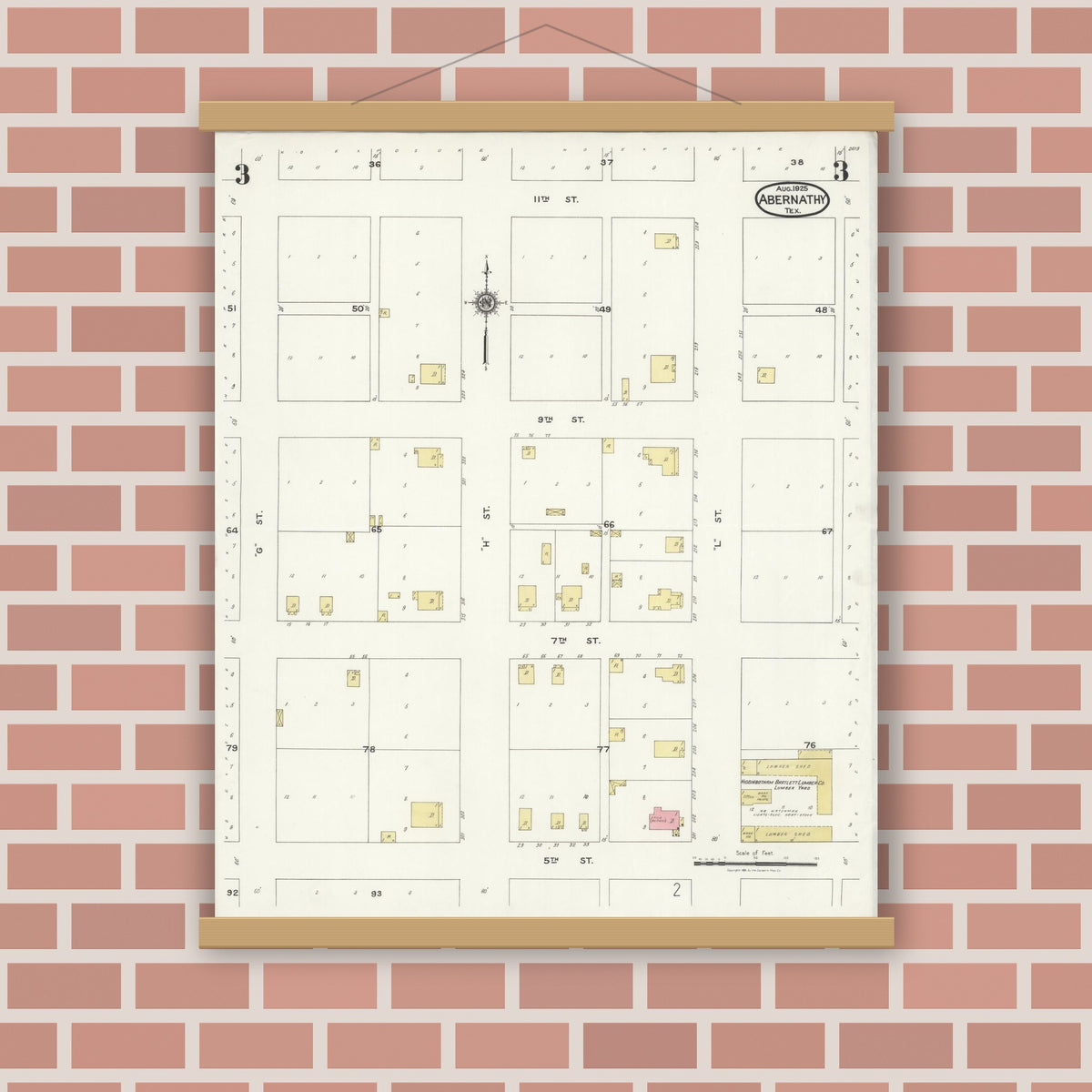 Old map wall art mockup — magnetic wood frame on brick wall — Sanborn Fire Insurance Map from Abernathy, Hale County, Texas (1925), Sheet #0003