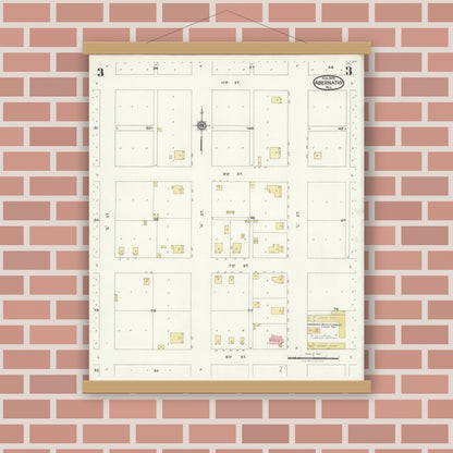 Old map wall art mockup — magnetic wood frame on brick wall — Sanborn Fire Insurance Map from Abernathy, Hale County, Texas (1925), Sheet #0003