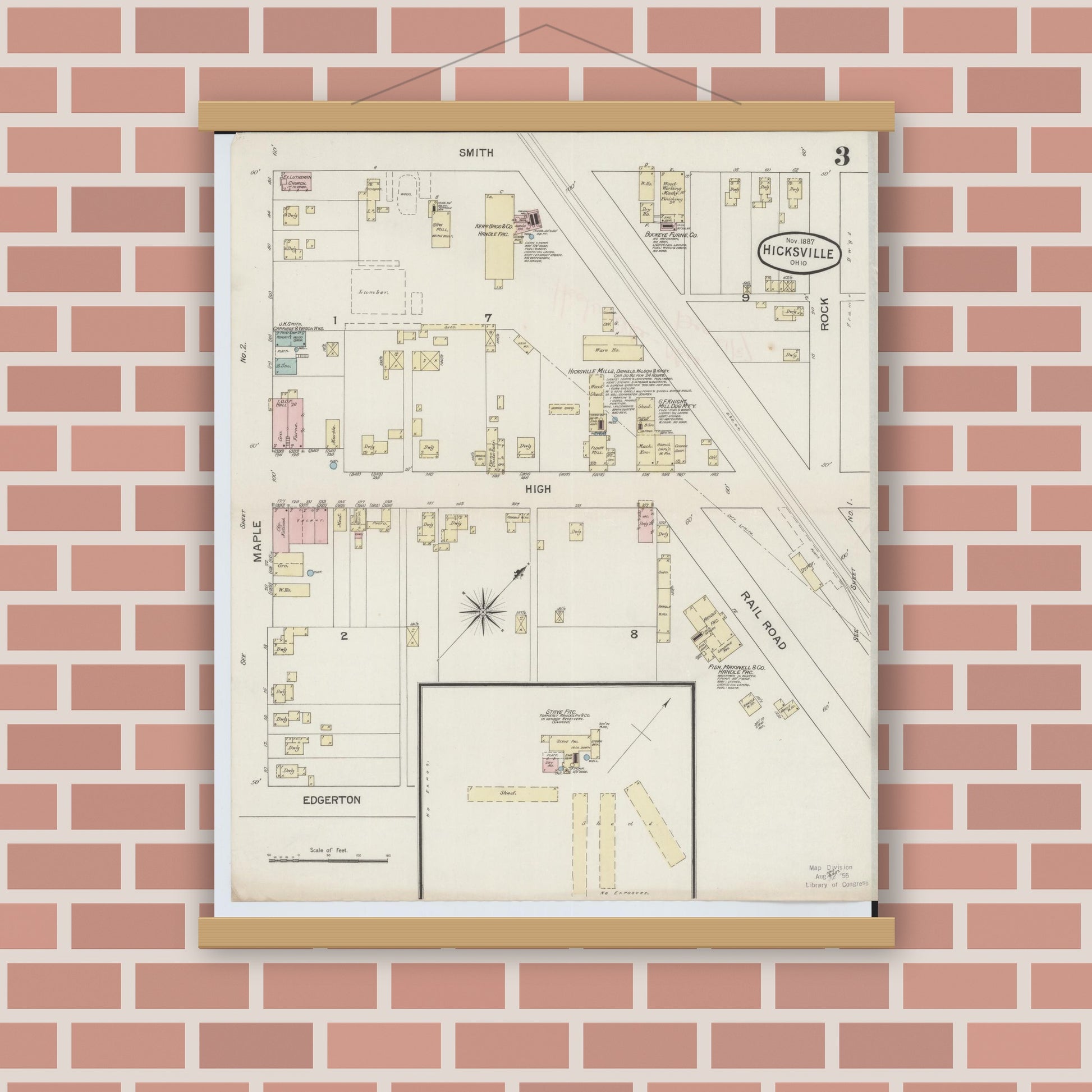 Old map wall art mockup — magnetic wood frame on brick wall — Sanborn Fire Insurance Map from Hicksville, Defiance County, Ohio (1887), Sheet #0003