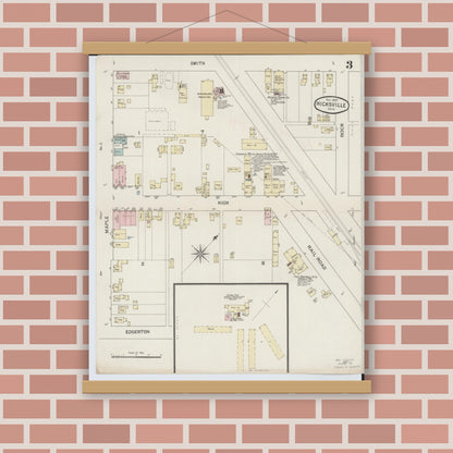 Old map wall art mockup — magnetic wood frame on brick wall — Sanborn Fire Insurance Map from Hicksville, Defiance County, Ohio (1887), Sheet #0003
