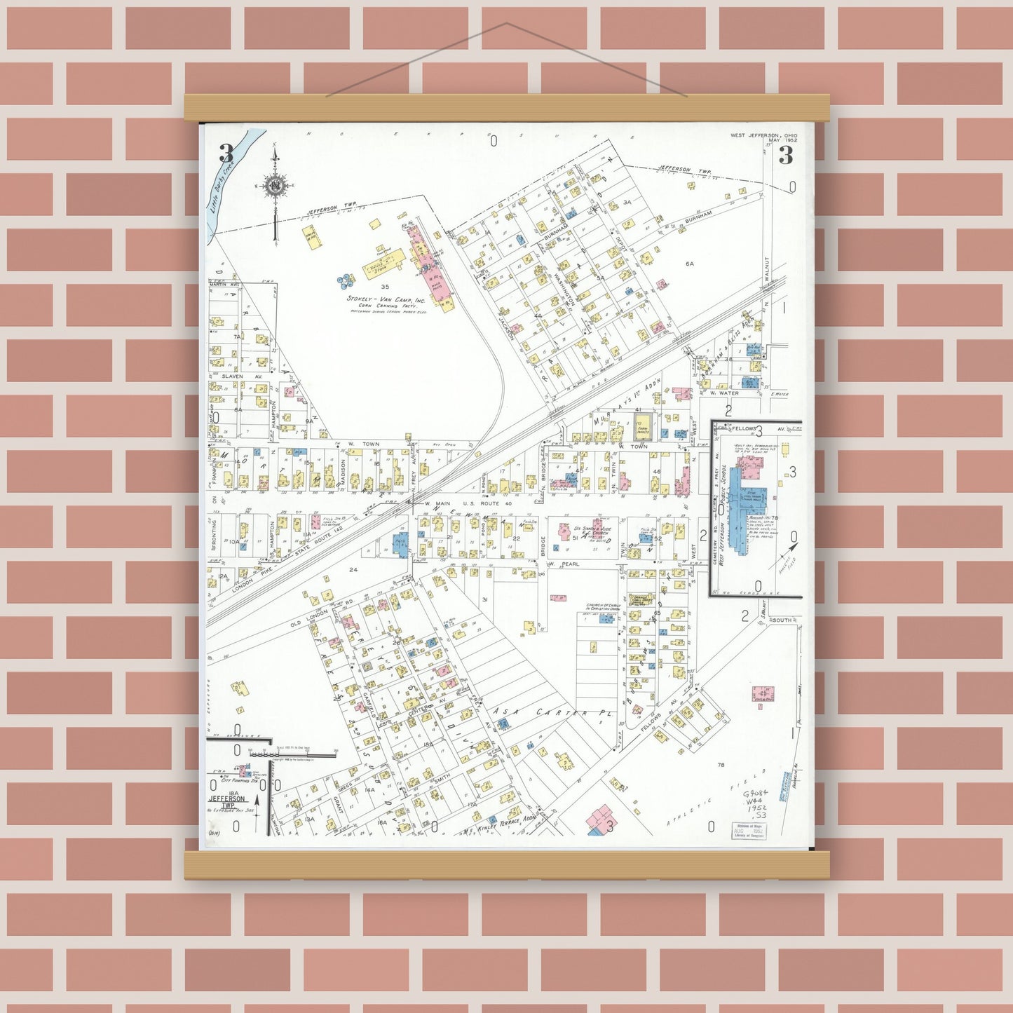 Old map wall art mockup — magnetic wood frame on brick wall — Sanborn Fire Insurance Map from West Jefferson, Madison County, Ohio (1952), Sheet #0003