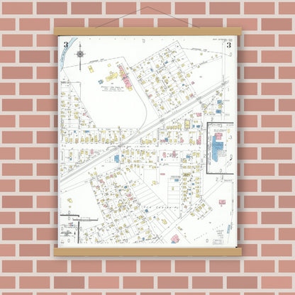 Old map wall art mockup — magnetic wood frame on brick wall — Sanborn Fire Insurance Map from West Jefferson, Madison County, Ohio (1952), Sheet #0003