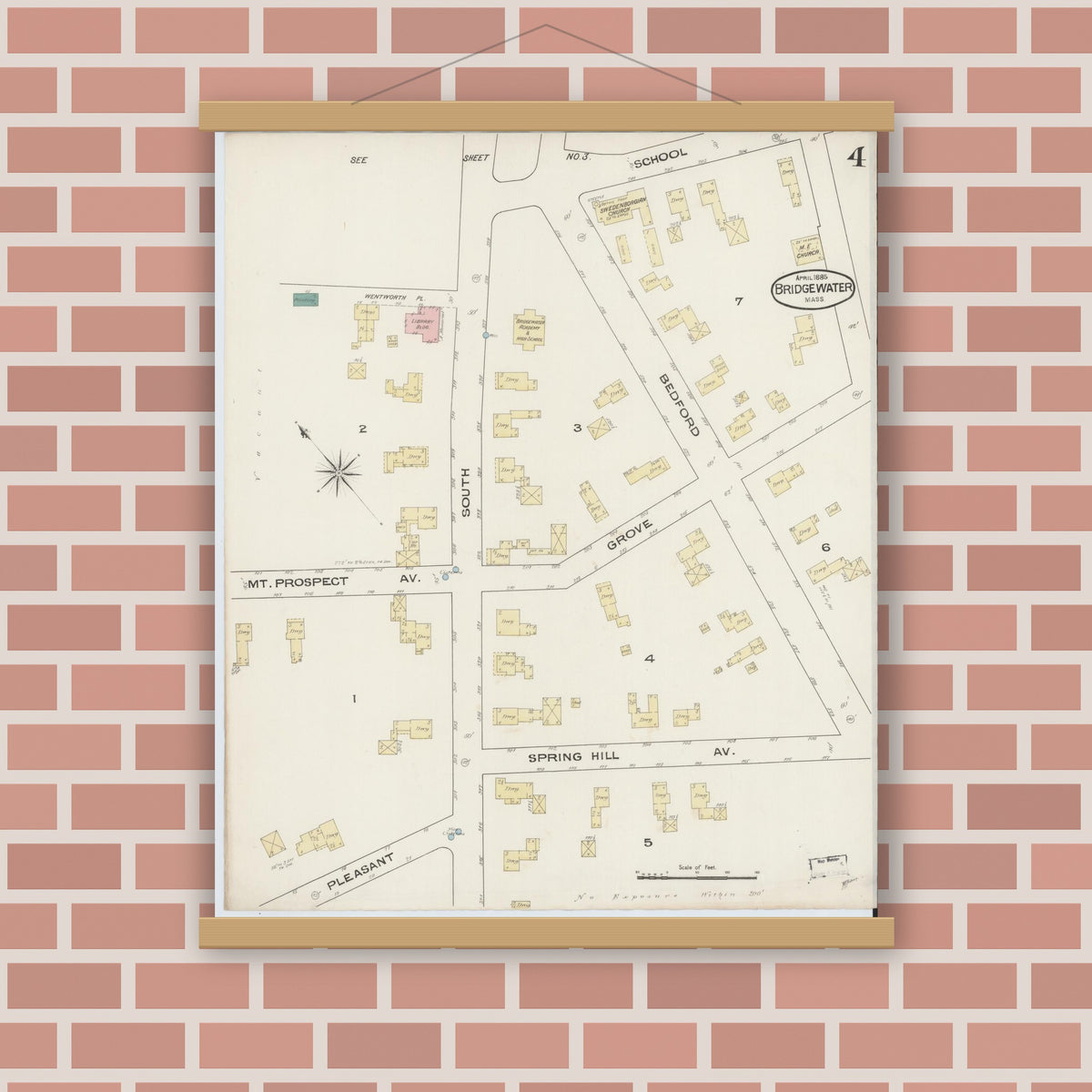 Old map wall art mockup — magnetic wood frame on brick wall — Sanborn Fire Insurance Map from Bridgewater, Plymouth County, Massachusetts (1885), Sheet #0004