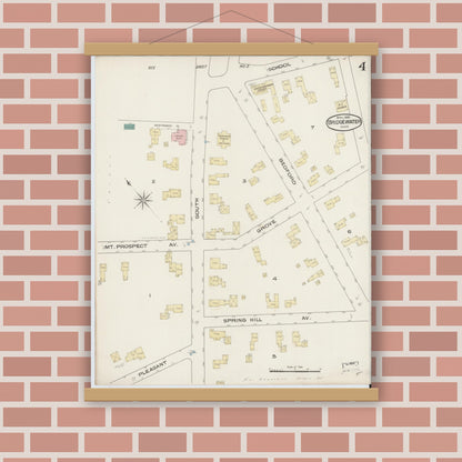 Old map wall art mockup — magnetic wood frame on brick wall — Sanborn Fire Insurance Map from Bridgewater, Plymouth County, Massachusetts (1885), Sheet #0004