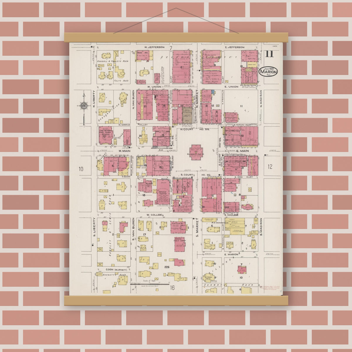 Old map wall art mockup — magnetic wood frame on brick wall — Sanborn Fire Insurance Map from Marion, Williamson County, Illinois (1922), Sheet #0011