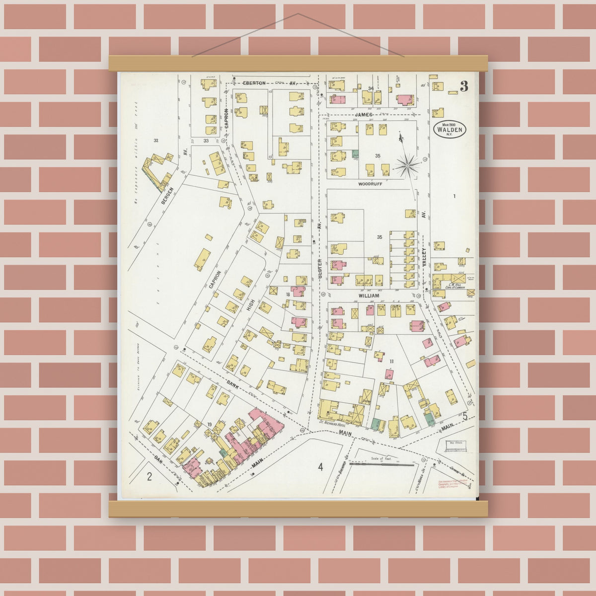 Old map wall art mockup — magnetic wood frame on brick wall — Sanborn Fire Insurance Map from Walden, Orange County, New York (1900), Sheet #0003