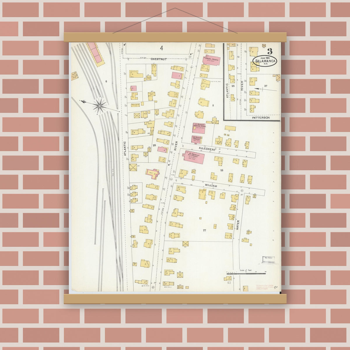 Old map wall art mockup — magnetic wood frame on brick wall — Sanborn Fire Insurance Map from Salamanca, Cattaraugus County, New York (1904), Sheet #0003