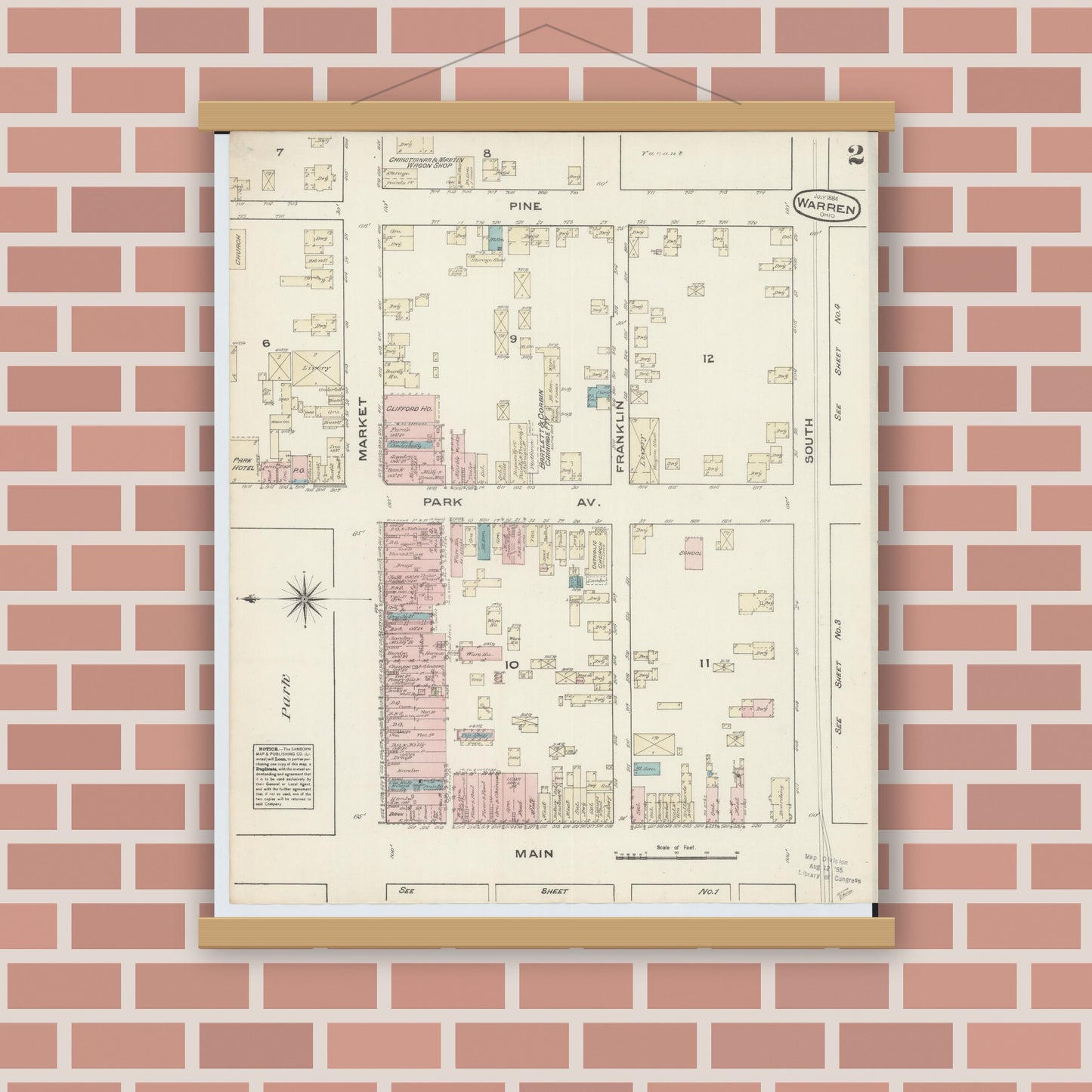 Old map wall art mockup — magnetic wood frame on brick wall — Sanborn Fire Insurance Map from Warren, Trumbull County, Ohio (1884), Sheet #0002