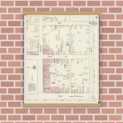 Old map wall art mockup — magnetic wood frame on brick wall — Sanborn Fire Insurance Map from Warren, Trumbull County, Ohio (1884), Sheet #0002