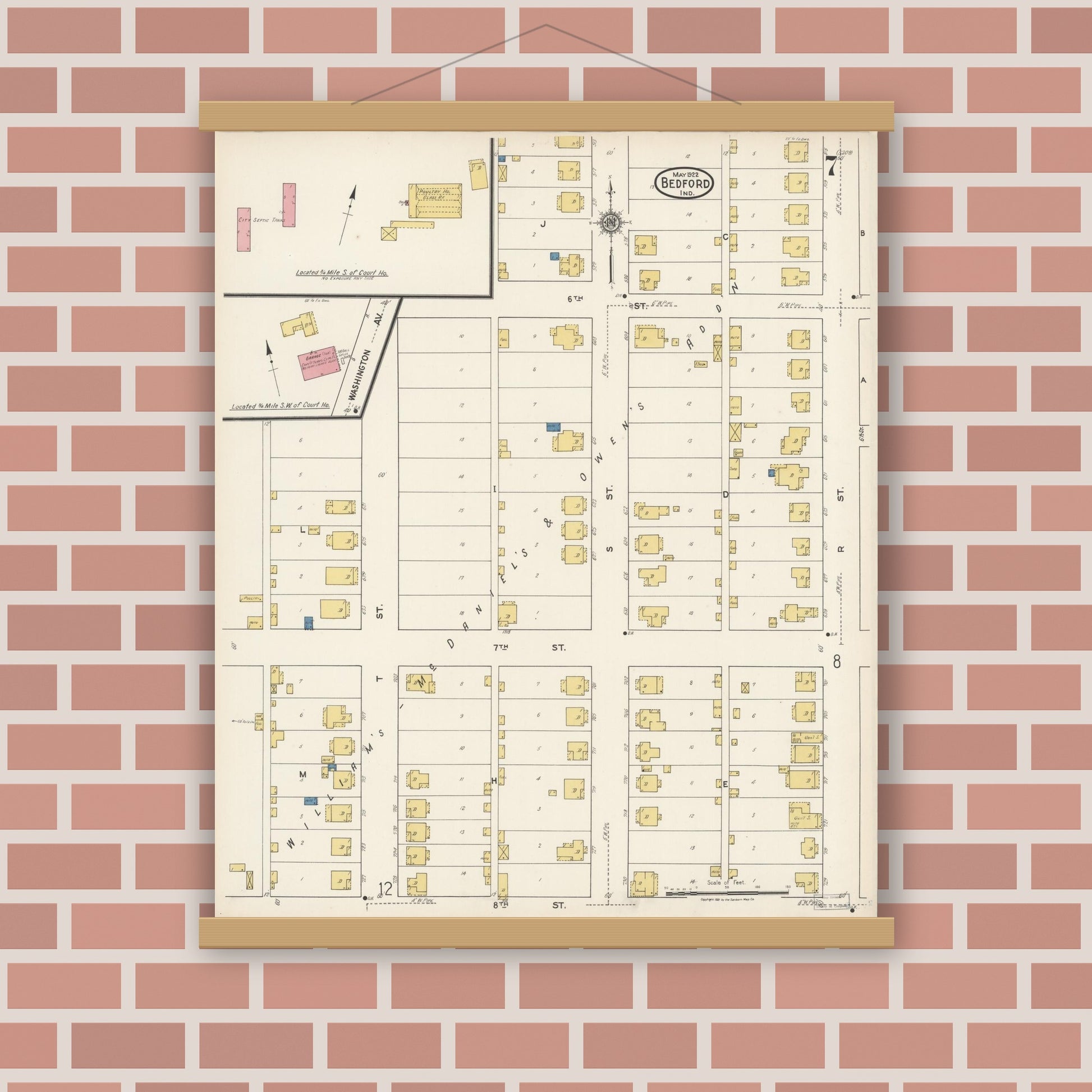 Old map wall art mockup — magnetic wood frame on brick wall — Sanborn Fire Insurance Map from Bedford, Lawrence County, Indiana (1922), Sheet #0007