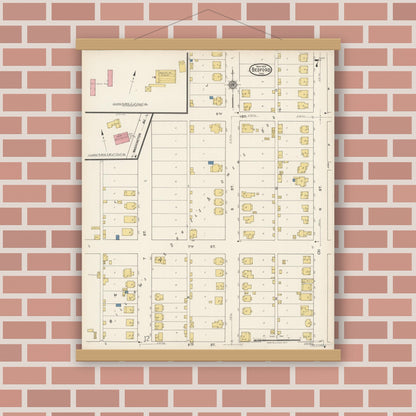 Old map wall art mockup — magnetic wood frame on brick wall — Sanborn Fire Insurance Map from Bedford, Lawrence County, Indiana (1922), Sheet #0007