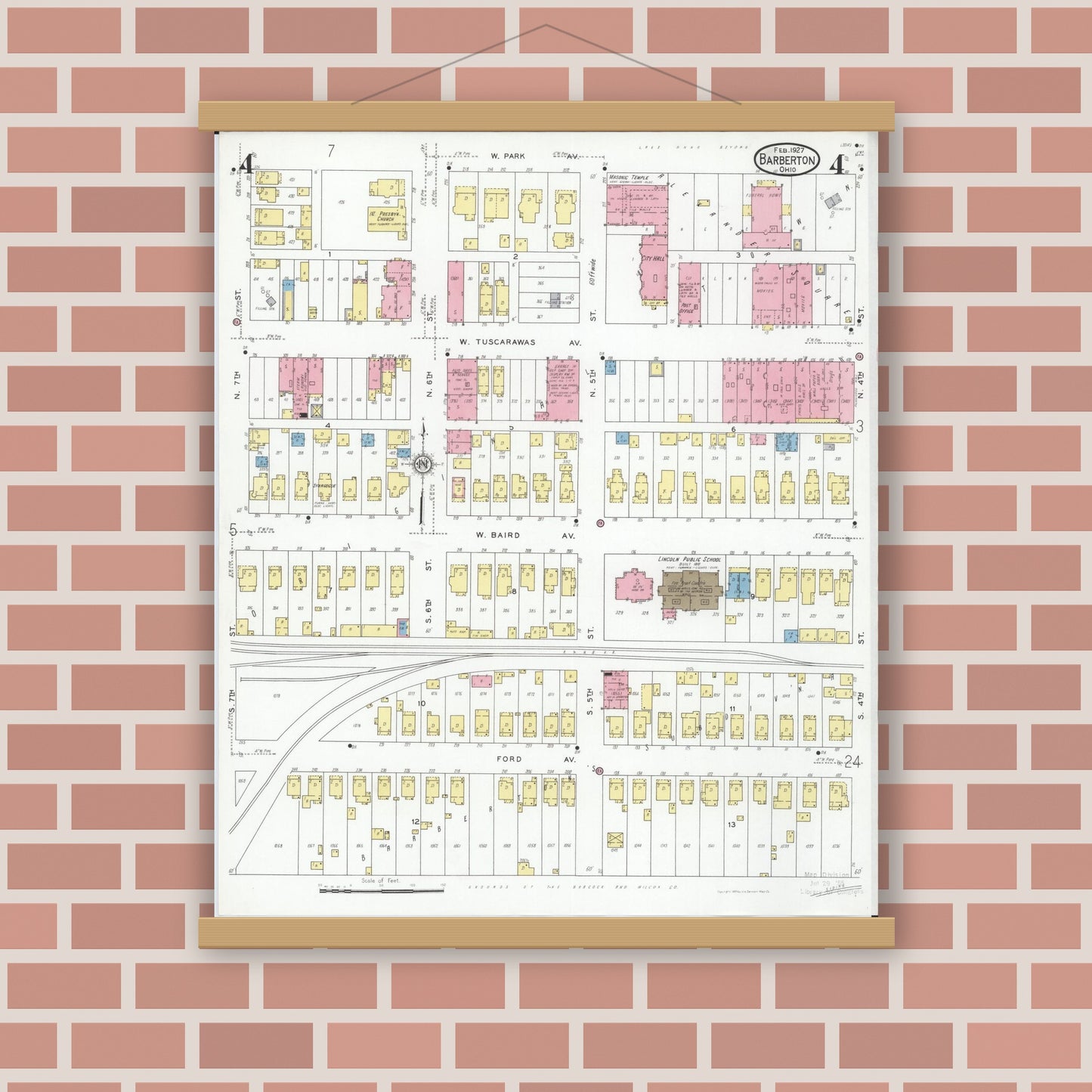 Old map wall art mockup — magnetic wood frame on brick wall — Sanborn Fire Insurance Map from Barberton, Summit County, Ohio (1927), Sheet #0004
