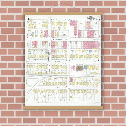 Old map wall art mockup — magnetic wood frame on brick wall — Sanborn Fire Insurance Map from Barberton, Summit County, Ohio (1927), Sheet #0004