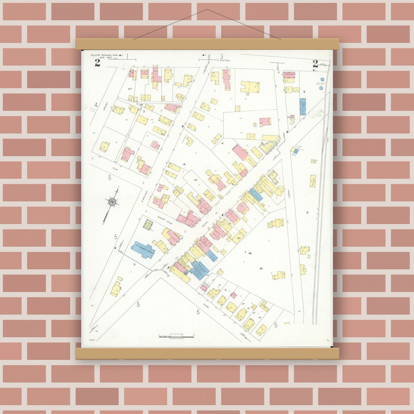 Old map wall art mockup — magnetic wood frame on brick wall — Sanborn Fire Insurance Map from Yellow Springs, Greene County, Ohio (1937), Sheet #0002