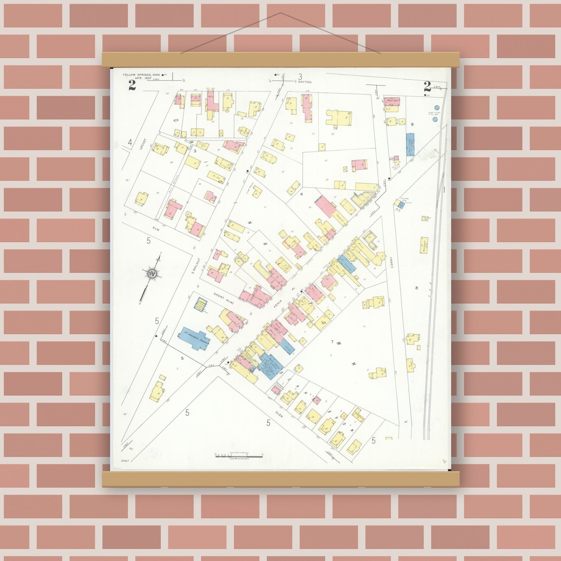 Old map wall art mockup — magnetic wood frame on brick wall — Sanborn Fire Insurance Map from Yellow Springs, Greene County, Ohio (1937), Sheet #0002
