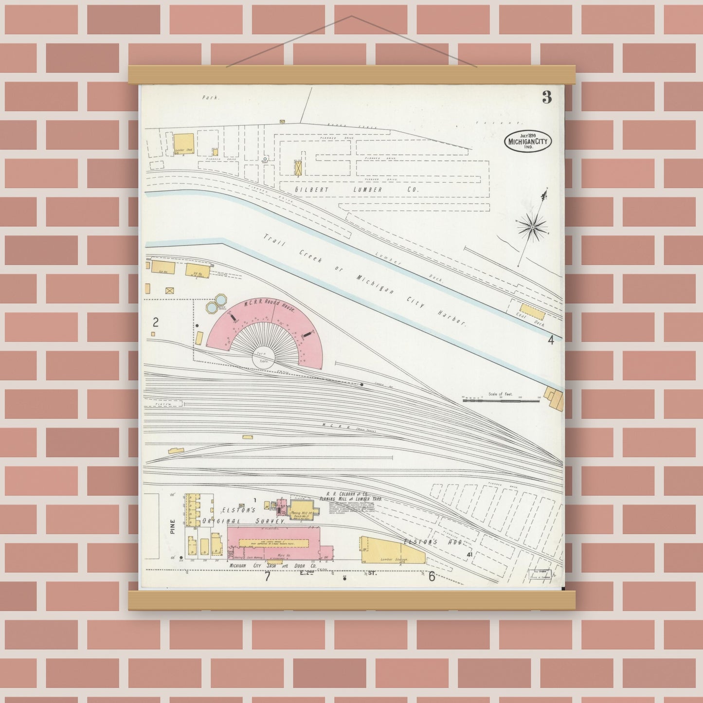 Old map wall art mockup — magnetic wood frame on brick wall — Sanborn Fire Insurance Map from Michigan City, La Porte County, Indiana (1899), Sheet #0003