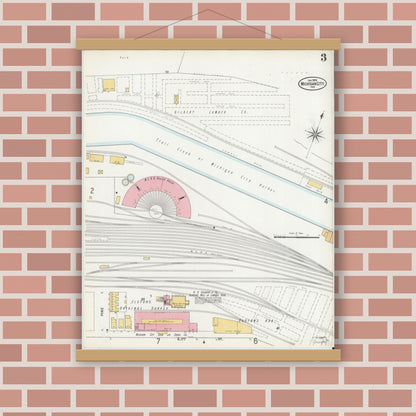 Old map wall art mockup — magnetic wood frame on brick wall — Sanborn Fire Insurance Map from Michigan City, La Porte County, Indiana (1899), Sheet #0003