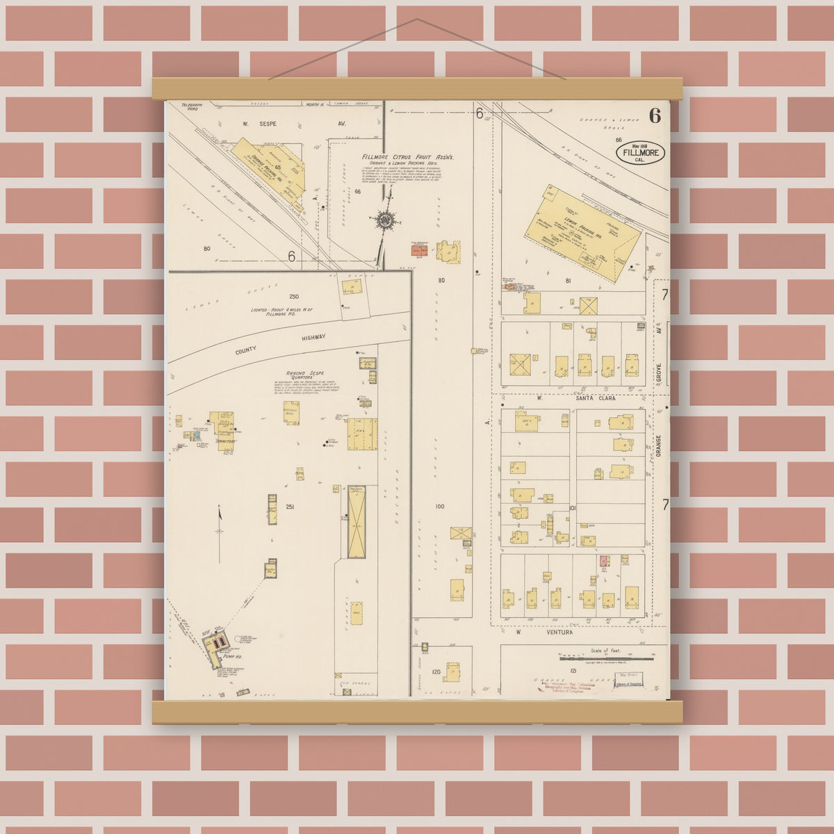 Old map wall art mockup — magnetic wood frame on brick wall — Sanborn Fire Insurance Map from Fillmore, Ventura County, California (1918), Sheet #0006