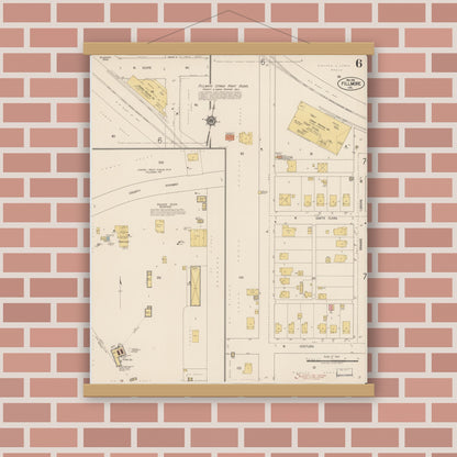 Old map wall art mockup — magnetic wood frame on brick wall — Sanborn Fire Insurance Map from Fillmore, Ventura County, California (1918), Sheet #0006