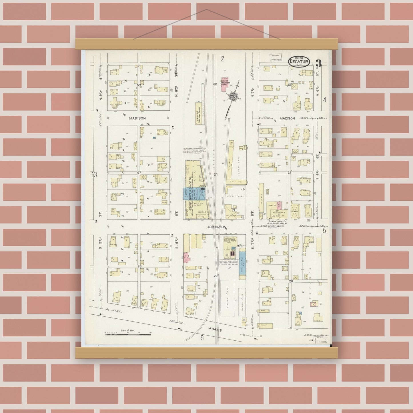 Old map wall art mockup — magnetic wood frame on brick wall — Sanborn Fire Insurance Map from Decatur, Adams County, Indiana (1914), Sheet #0003