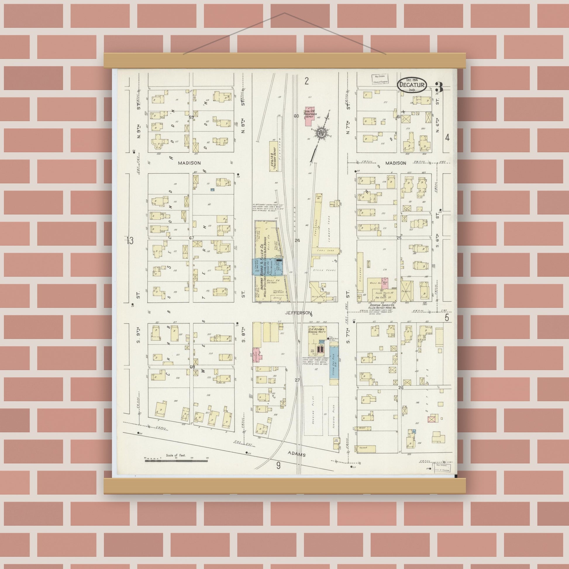 Old map wall art mockup — magnetic wood frame on brick wall — Sanborn Fire Insurance Map from Decatur, Adams County, Indiana (1914), Sheet #0003
