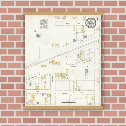 Old map wall art mockup — magnetic wood frame on brick wall — Sanborn Fire Insurance Map from Burlingame, San Mateo County, California (1908) - Complete Map Set