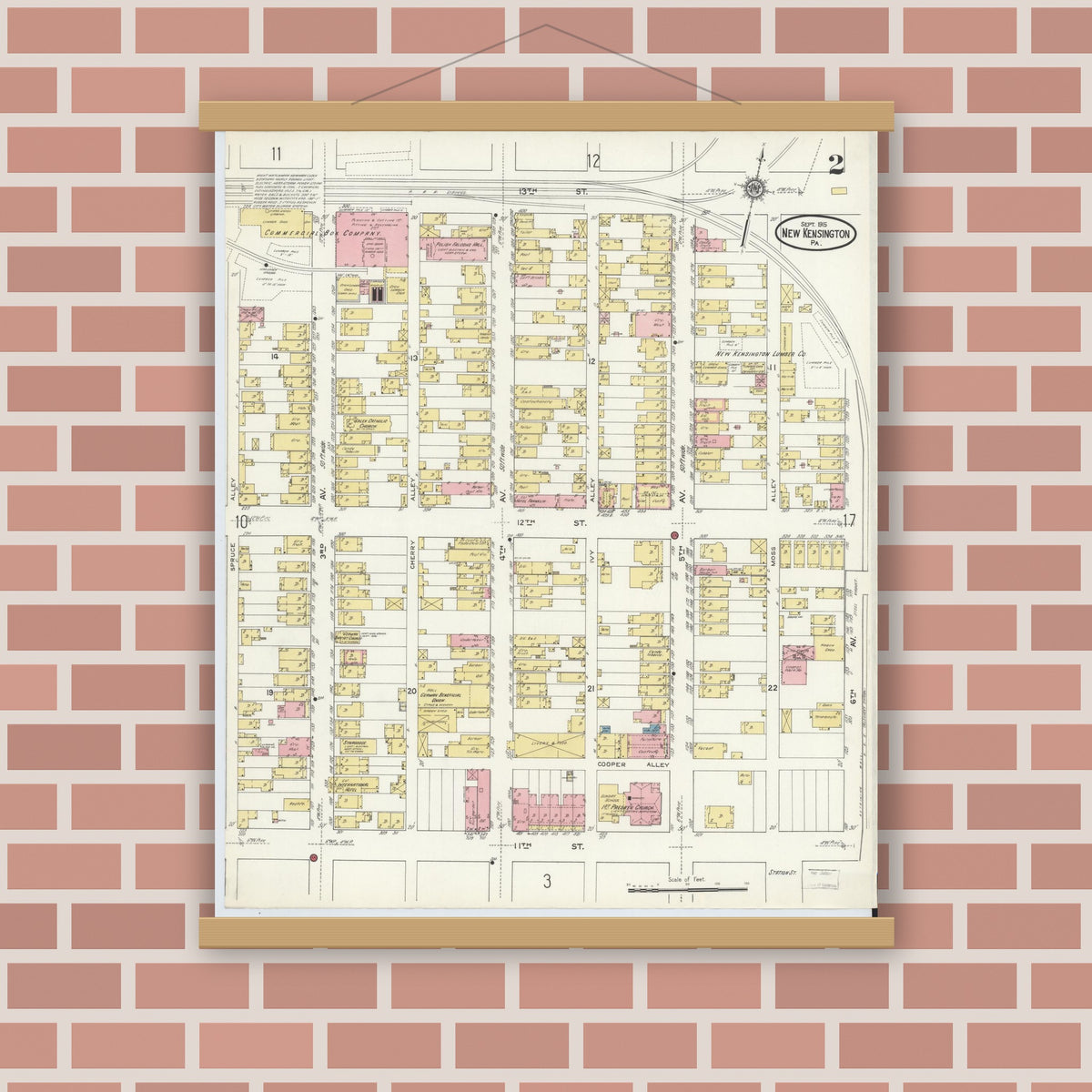 Old map wall art mockup — magnetic wood frame on brick wall — Sanborn Fire Insurance Map from New Kensington, Westmoreland County, Pennsylvania (1915), Sheet #0002