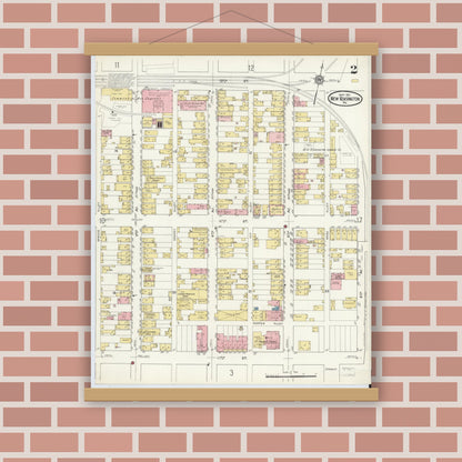 Old map wall art mockup — magnetic wood frame on brick wall — Sanborn Fire Insurance Map from New Kensington, Westmoreland County, Pennsylvania (1915), Sheet #0002