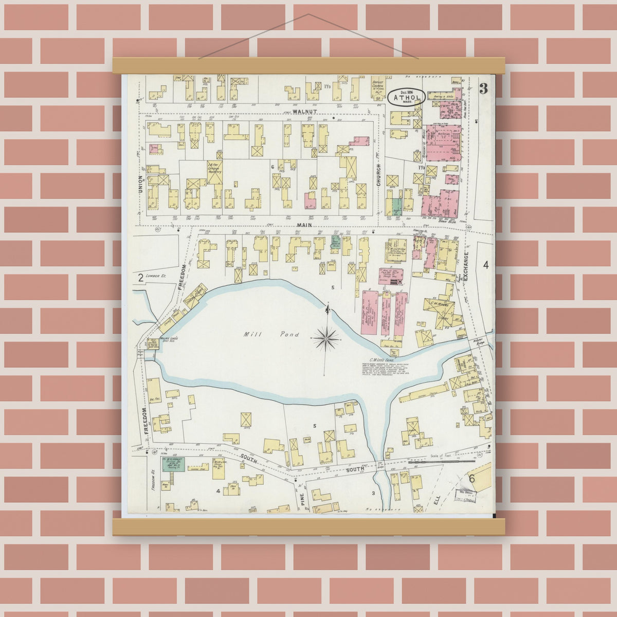 Old map wall art mockup — magnetic wood frame on brick wall — Sanborn Fire Insurance Map from Athol, Worcester County, Massachusetts (1896), Sheet #0003
