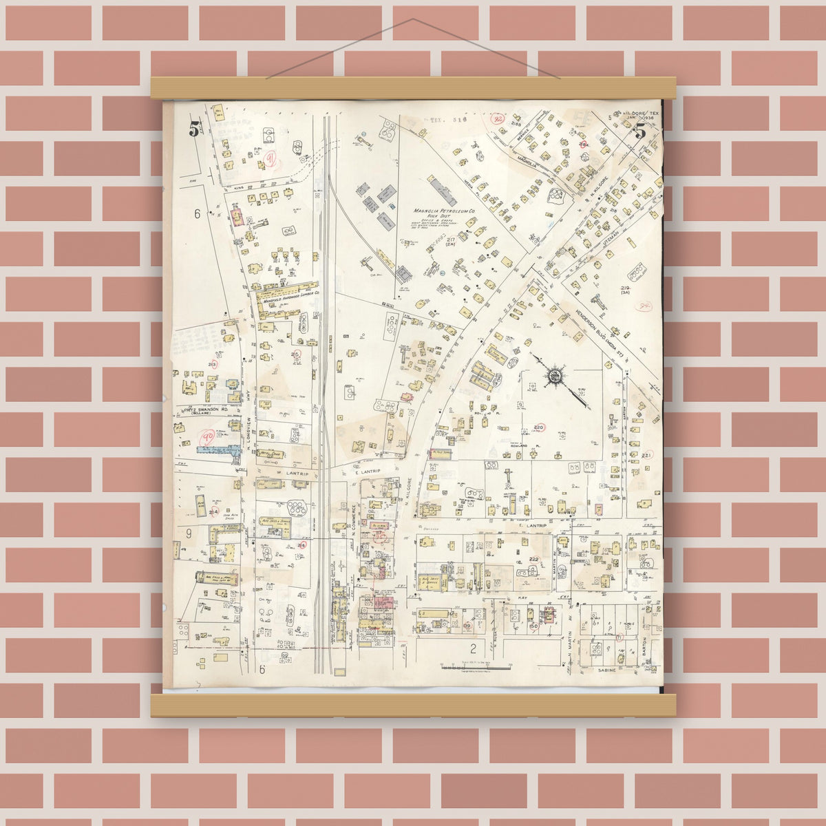 Old map wall art mockup — magnetic wood frame on brick wall — Sanborn Fire Insurance Map from Kilgore, Gregg County, Texas (1950), Sheet #0005