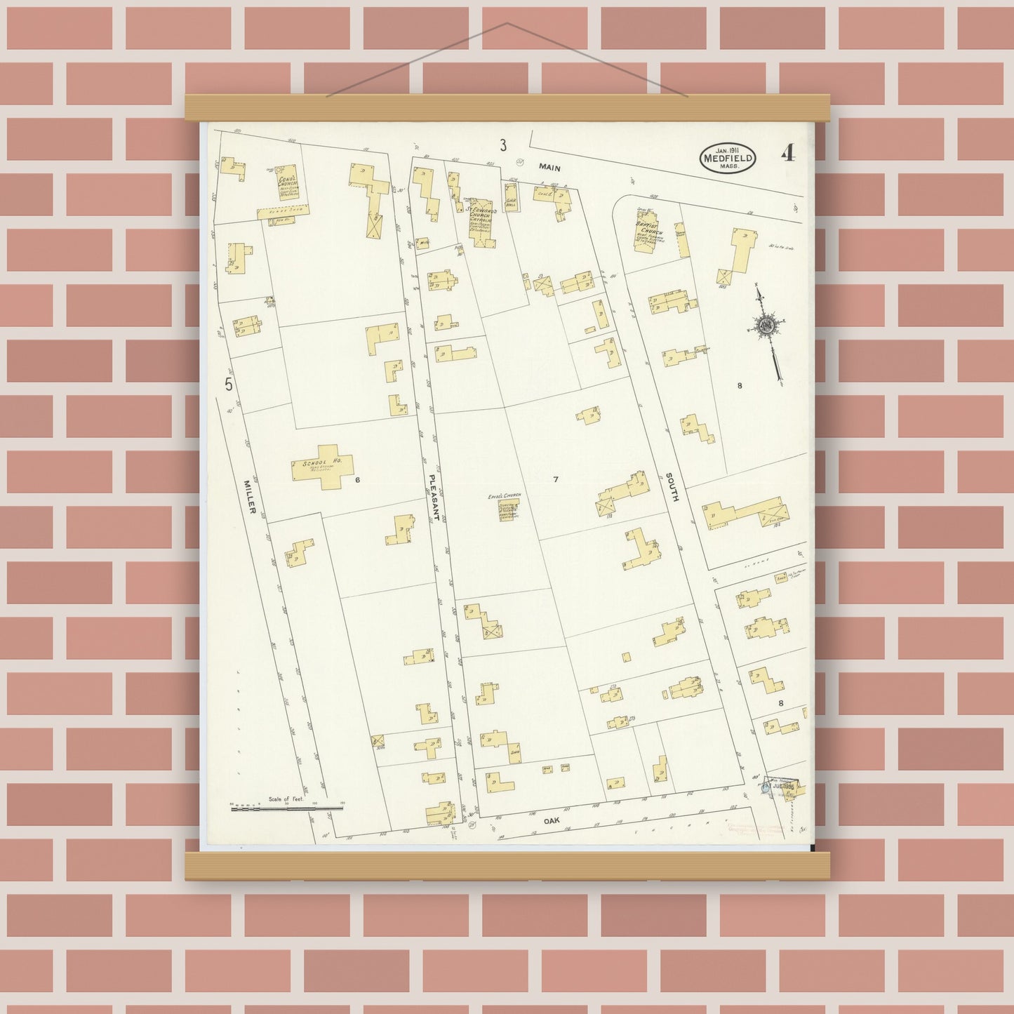 Old map wall art mockup — magnetic wood frame on brick wall — Sanborn Fire Insurance Map from Medfield, Norfolk County, Massachusetts (1911), Sheet #0004