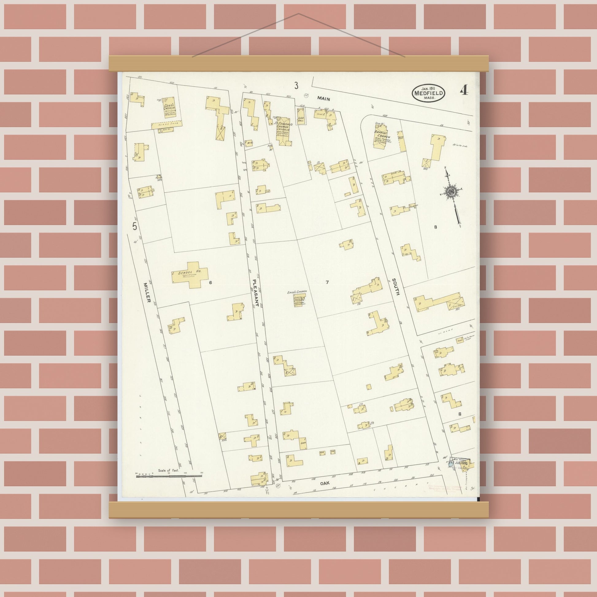 Old map wall art mockup — magnetic wood frame on brick wall — Sanborn Fire Insurance Map from Medfield, Norfolk County, Massachusetts (1911), Sheet #0004