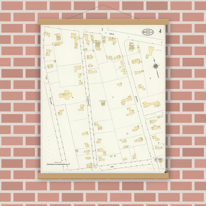 Old map wall art mockup — magnetic wood frame on brick wall — Sanborn Fire Insurance Map from Medfield, Norfolk County, Massachusetts (1911), Sheet #0004