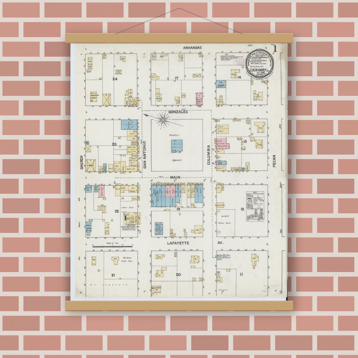 Old map wall art mockup — magnetic wood frame on brick wall — Sanborn Fire Insurance Map from Lockhart, Caldwell County, Texas (1888) - Complete Map Set