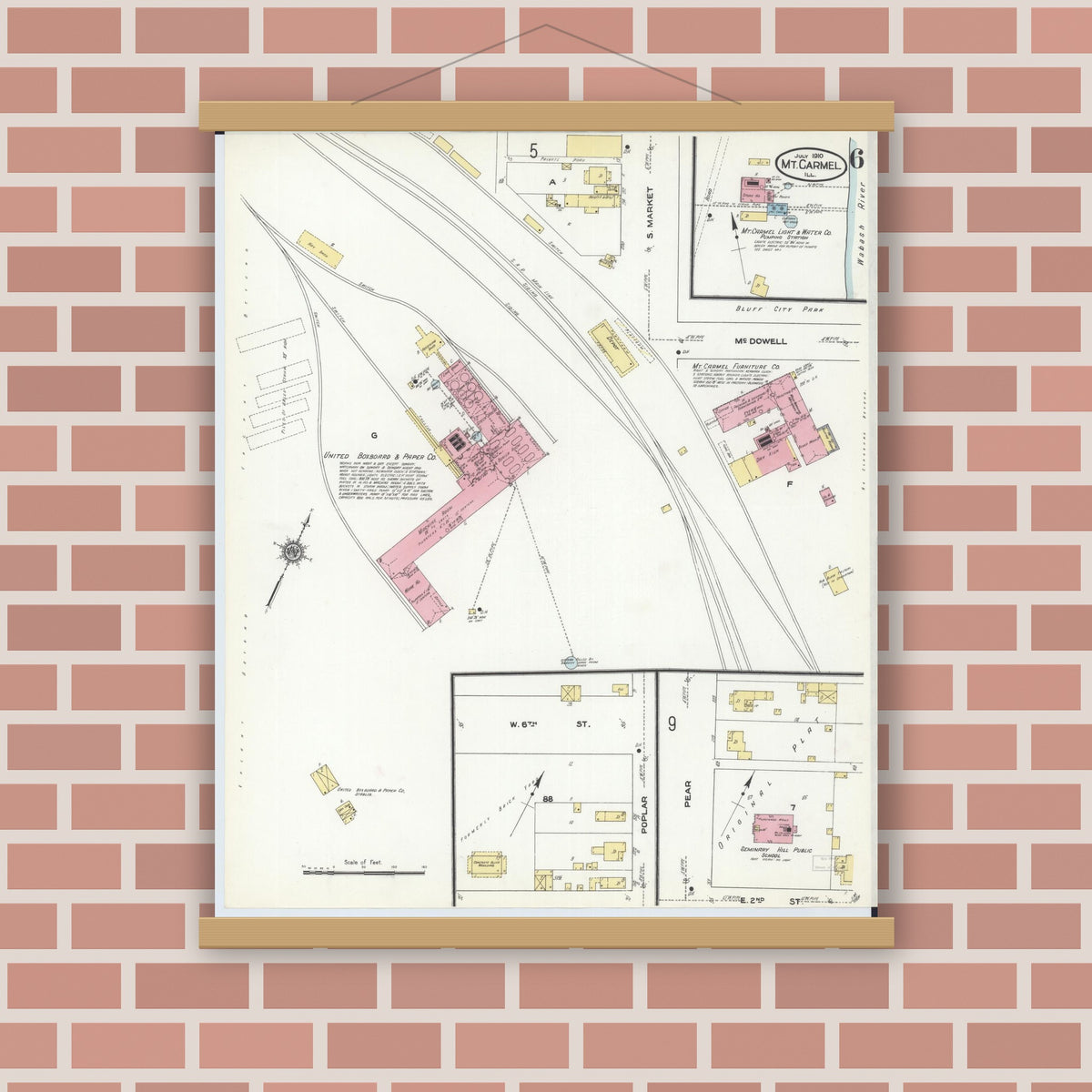 Old map wall art mockup — magnetic wood frame on brick wall — Sanborn Fire Insurance Map from Mount Carmel, Wabash County, Illinois (1910), Sheet #0006