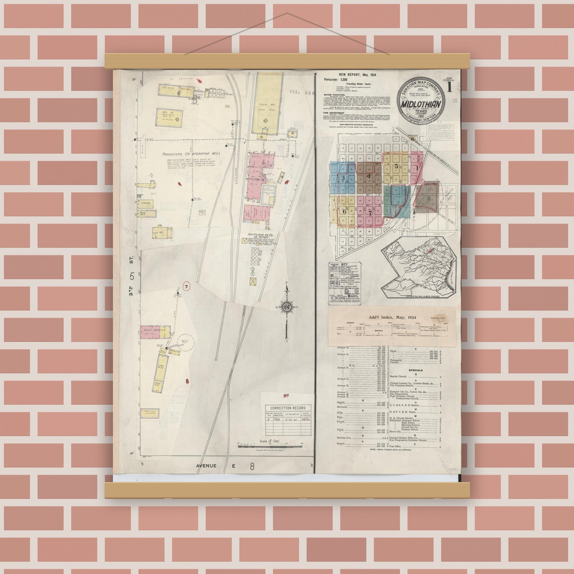 Old map wall art mockup — magnetic wood frame on brick wall — Sanborn Fire Insurance Map from Midlothian, Ellis County, Texas (1944), Sheet #0001
