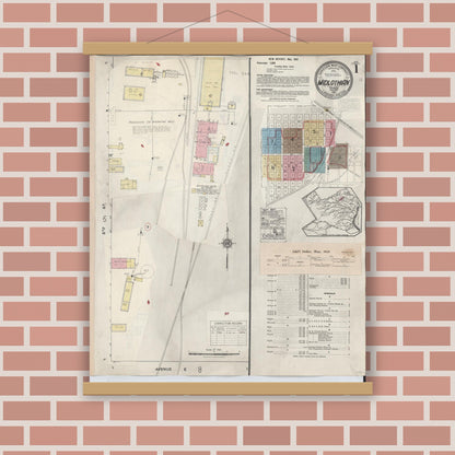 Old map wall art mockup — magnetic wood frame on brick wall — Sanborn Fire Insurance Map from Midlothian, Ellis County, Texas (1944), Sheet #0001
