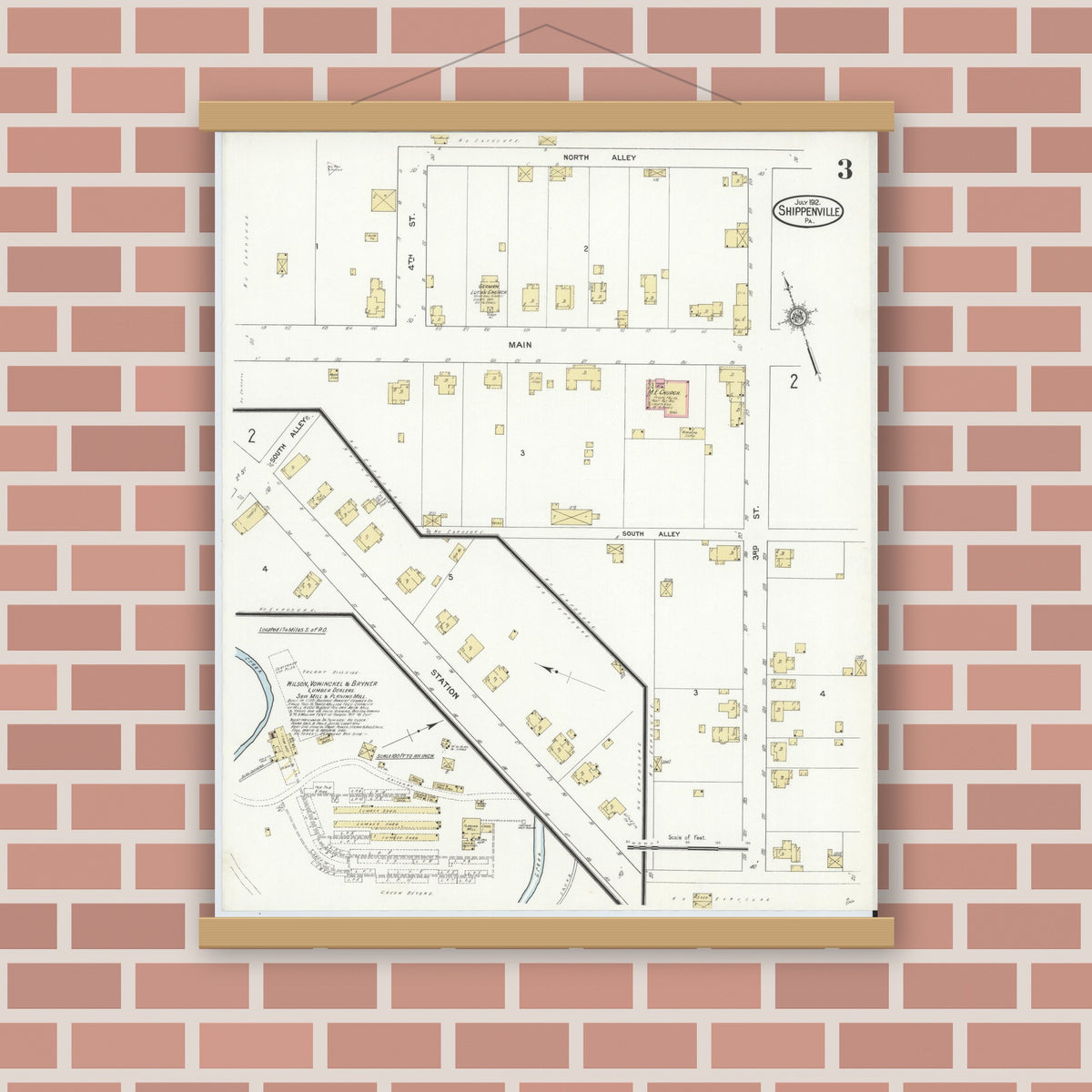 Old map wall art mockup — magnetic wood frame on brick wall — Sanborn Fire Insurance Map from Shippenville, Clarion County, Pennsylvania (1912), Sheet #0003