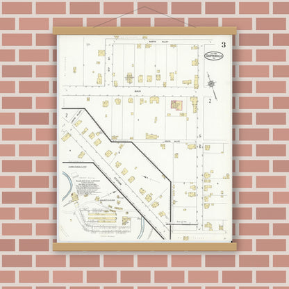 Old map wall art mockup — magnetic wood frame on brick wall — Sanborn Fire Insurance Map from Shippenville, Clarion County, Pennsylvania (1912), Sheet #0003