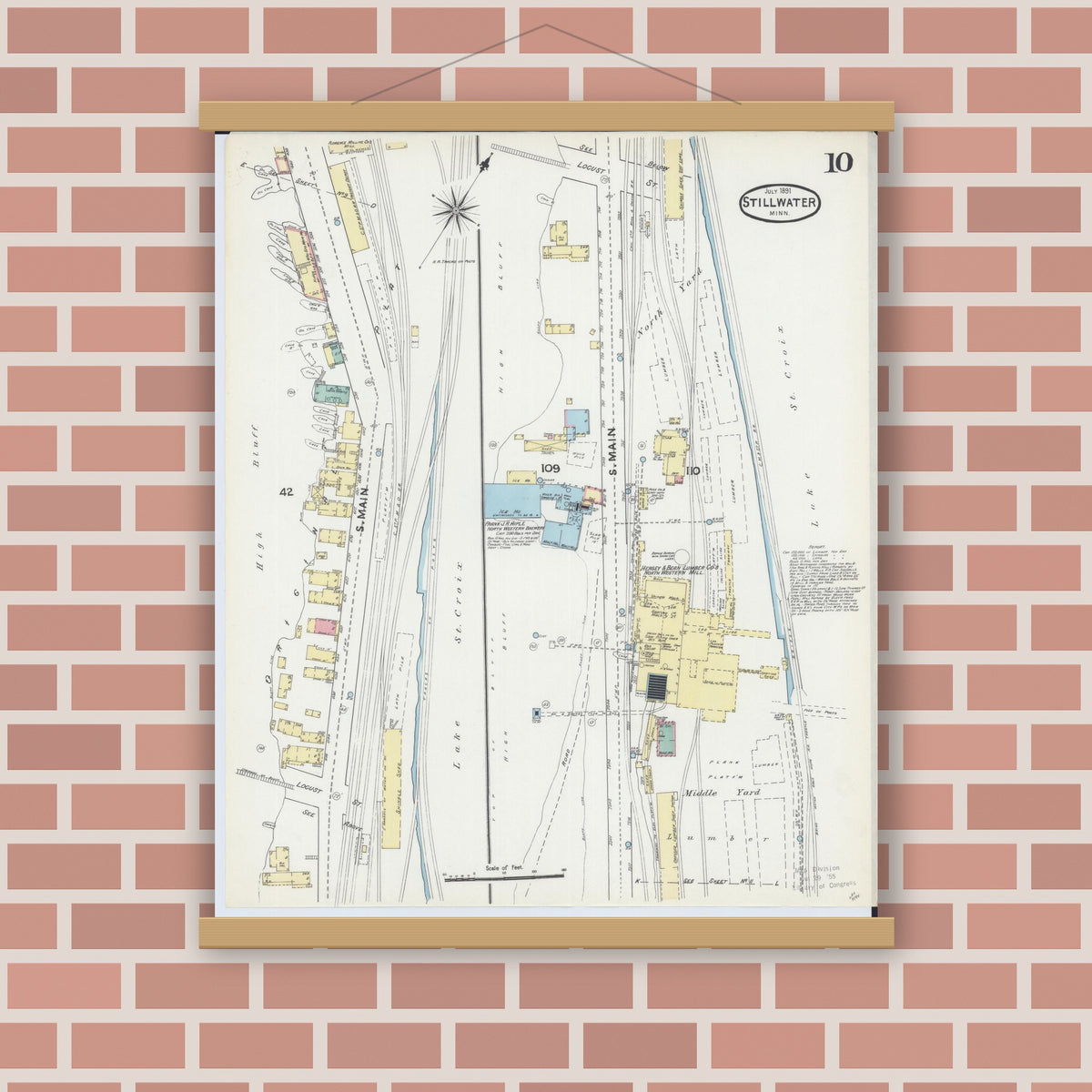 Old map wall art mockup — magnetic wood frame on brick wall — Sanborn Fire Insurance Map from Stillwater, Washington County, Minnesota (1891), Sheet #0010