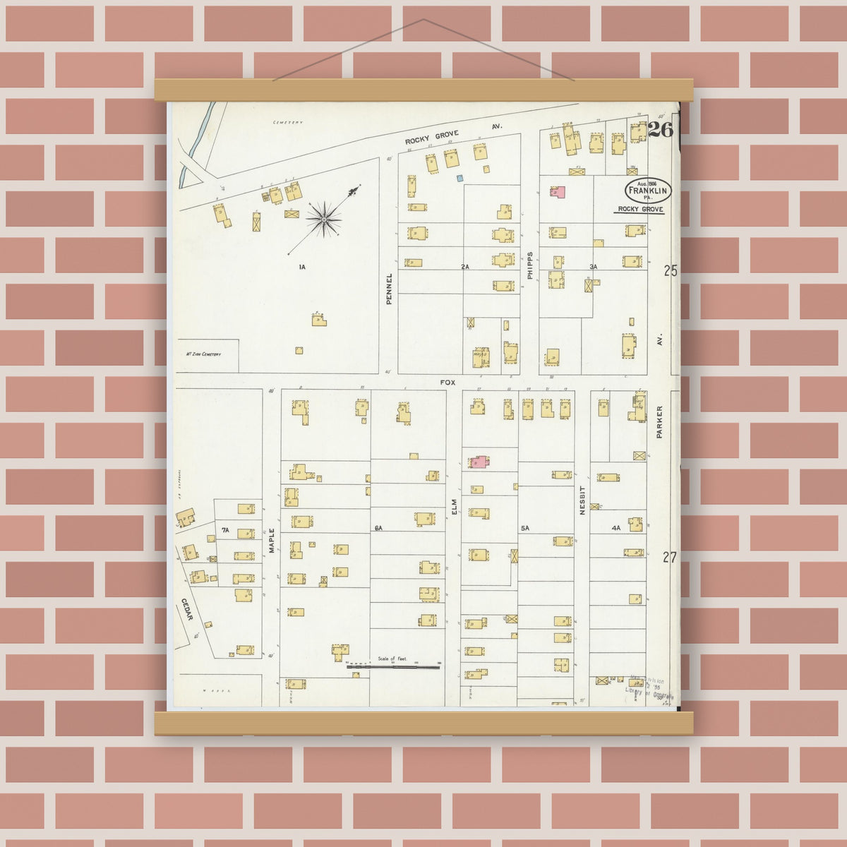 Old map wall art mockup — magnetic wood frame on brick wall — Sanborn Fire Insurance Map from Franklin, Venango County, Pennsylvania (1906), Sheet #0026