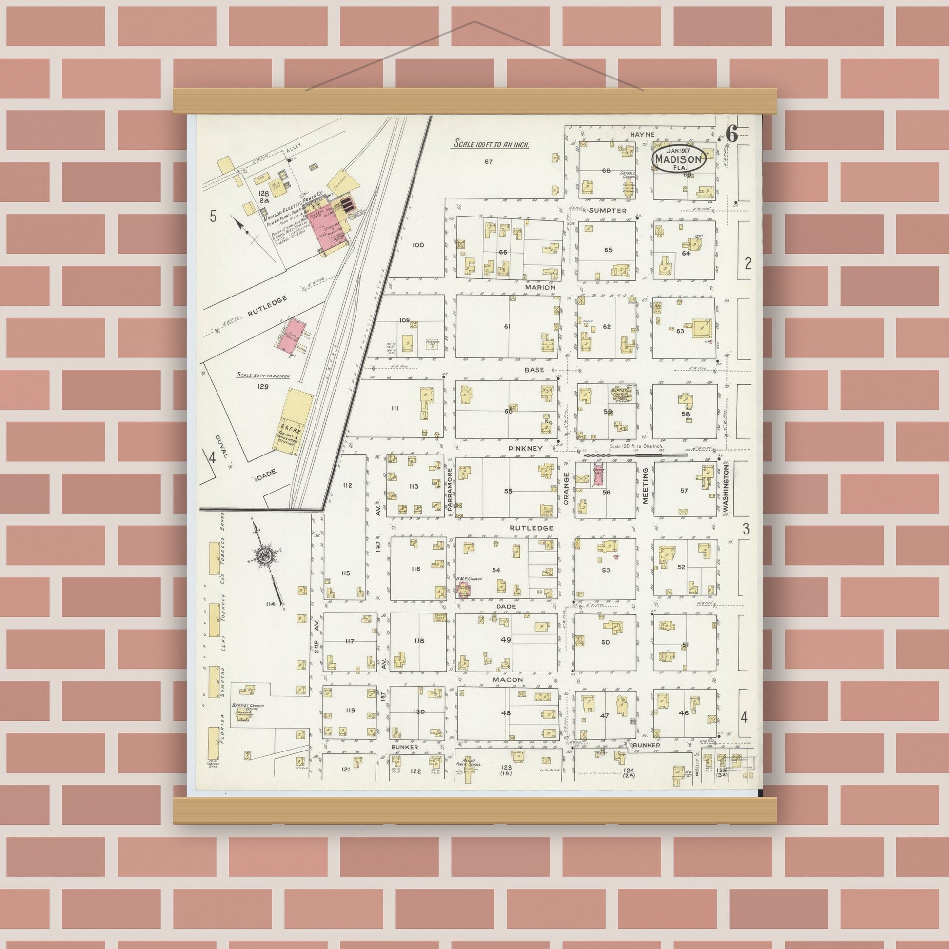 Old map wall art mockup — magnetic wood frame on brick wall — Sanborn Fire Insurance Map from Madison, Madison County, Florida (1917), Sheet #0006