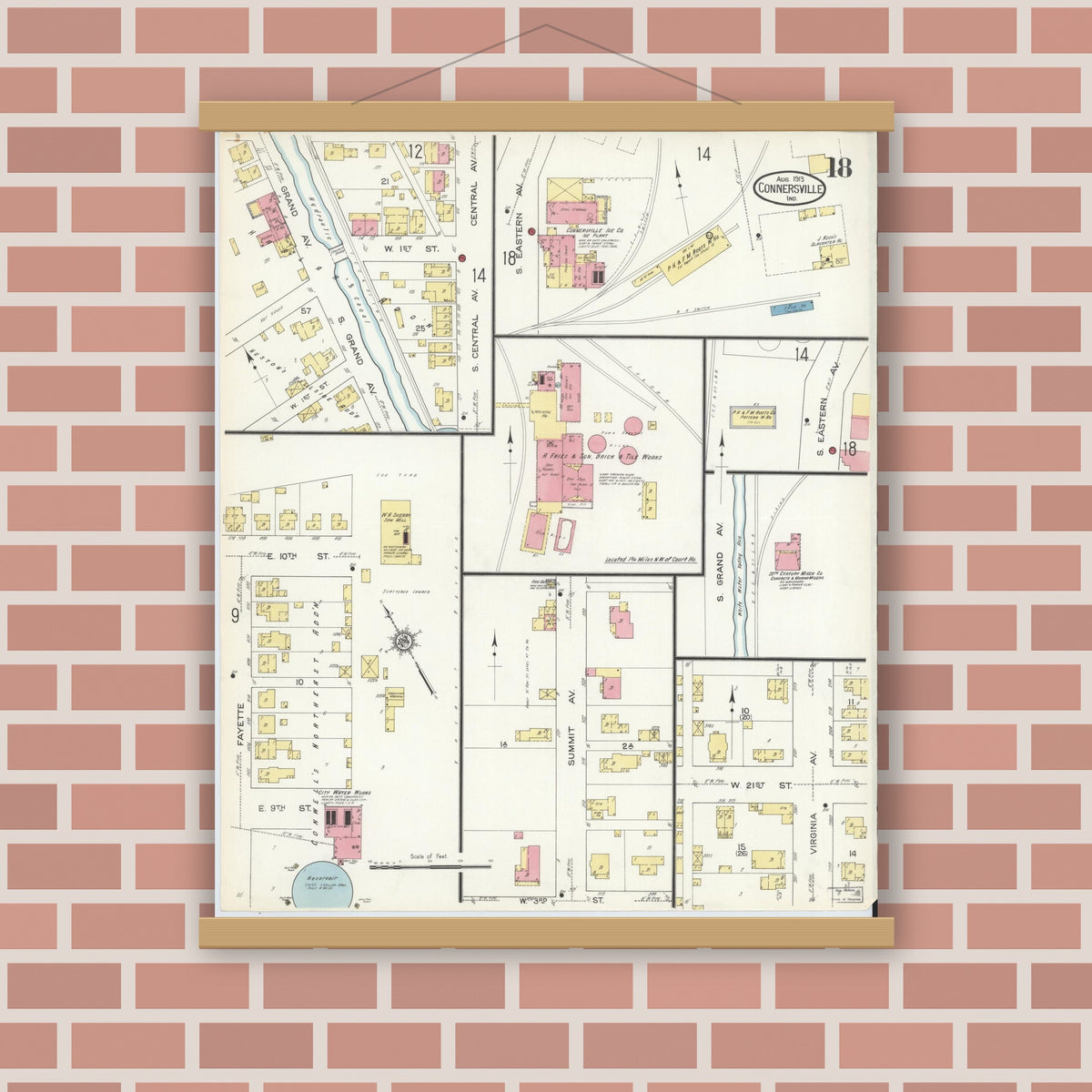 Old map wall art mockup — magnetic wood frame on brick wall — Sanborn Fire Insurance Map from Connersville, Fayette County, Indiana (1913), Sheet #0018
