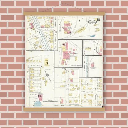 Old map wall art mockup — magnetic wood frame on brick wall — Sanborn Fire Insurance Map from Connersville, Fayette County, Indiana (1913), Sheet #0018