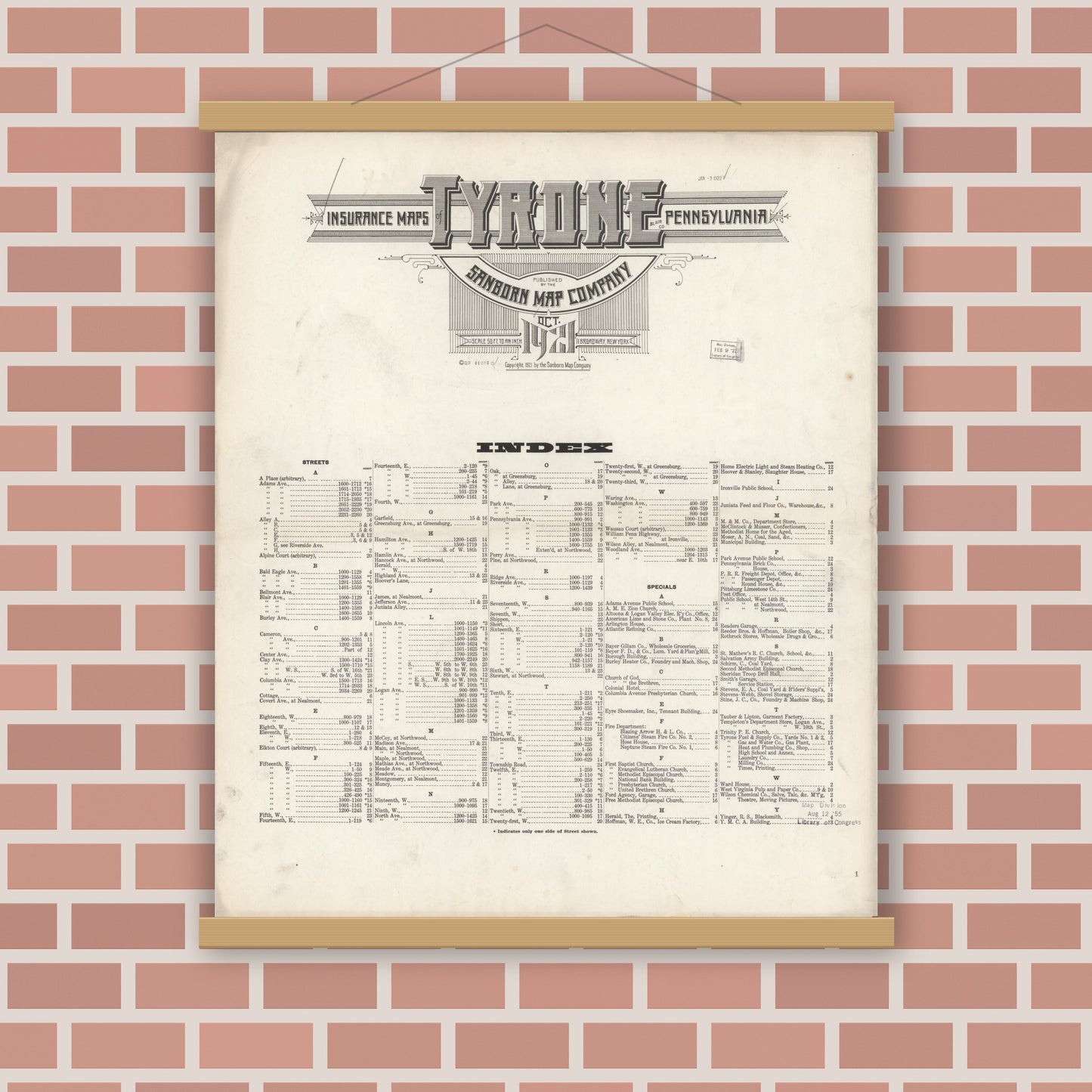 Old map wall art mockup — magnetic wood frame on brick wall — Sanborn Fire Insurance Map from Tyrone, Blair County, Pennsylvania (1921), Sheet #0001